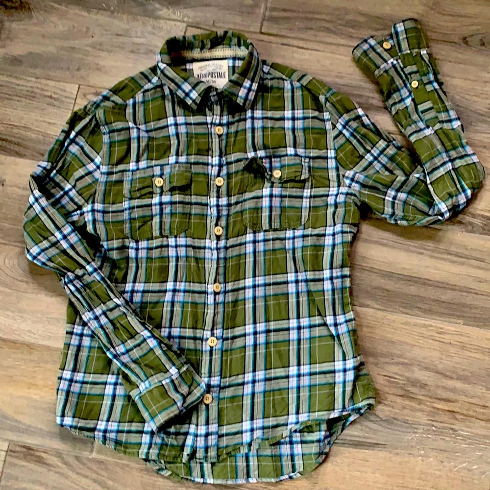 Aeropostale green/blue/white button down plaid shirt size M